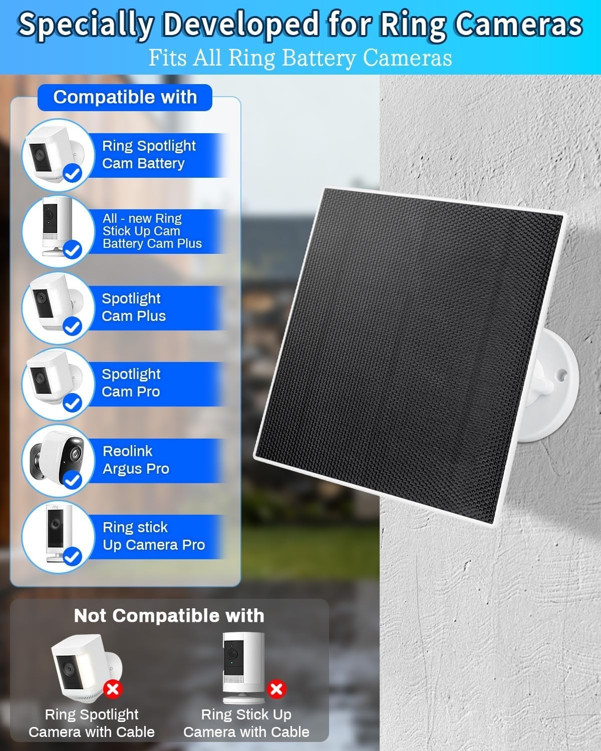 Solar Panel for Ring Camera(2nd Generation) Dustproof Waterproof 5W Solar Panel