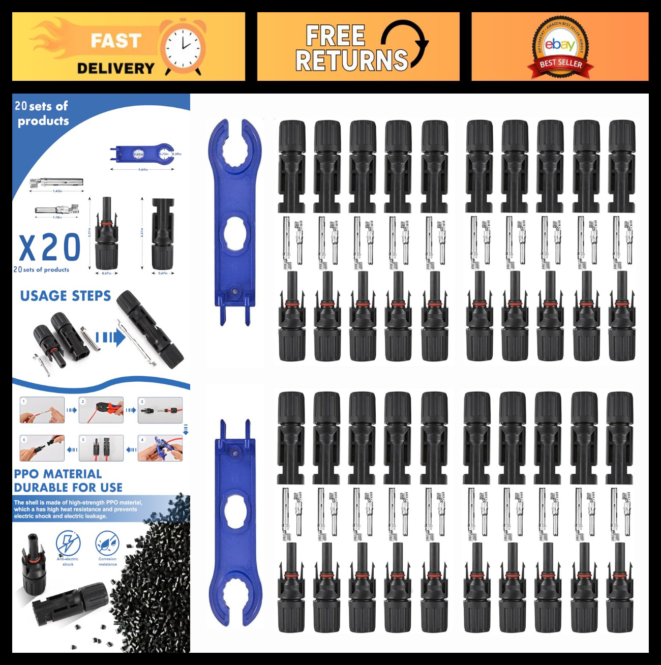 40 PCS Solar Connectors Waterproof IP67, MC4 1000V 30A, 20 Pairs with Spanners