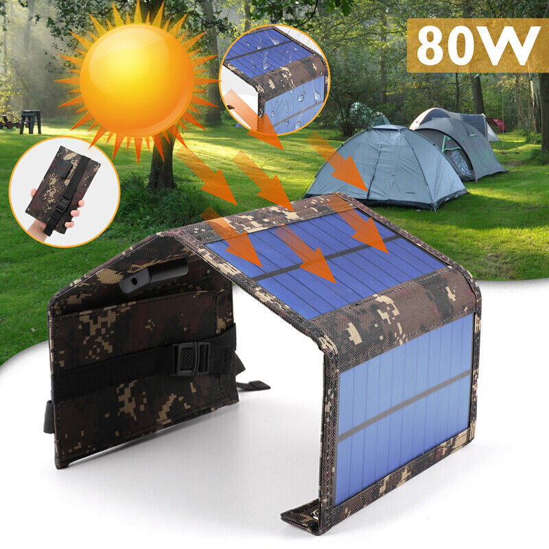 80W USB Solar Panel Folding Power Bank Outdoor Camping Hiking Phone Charger