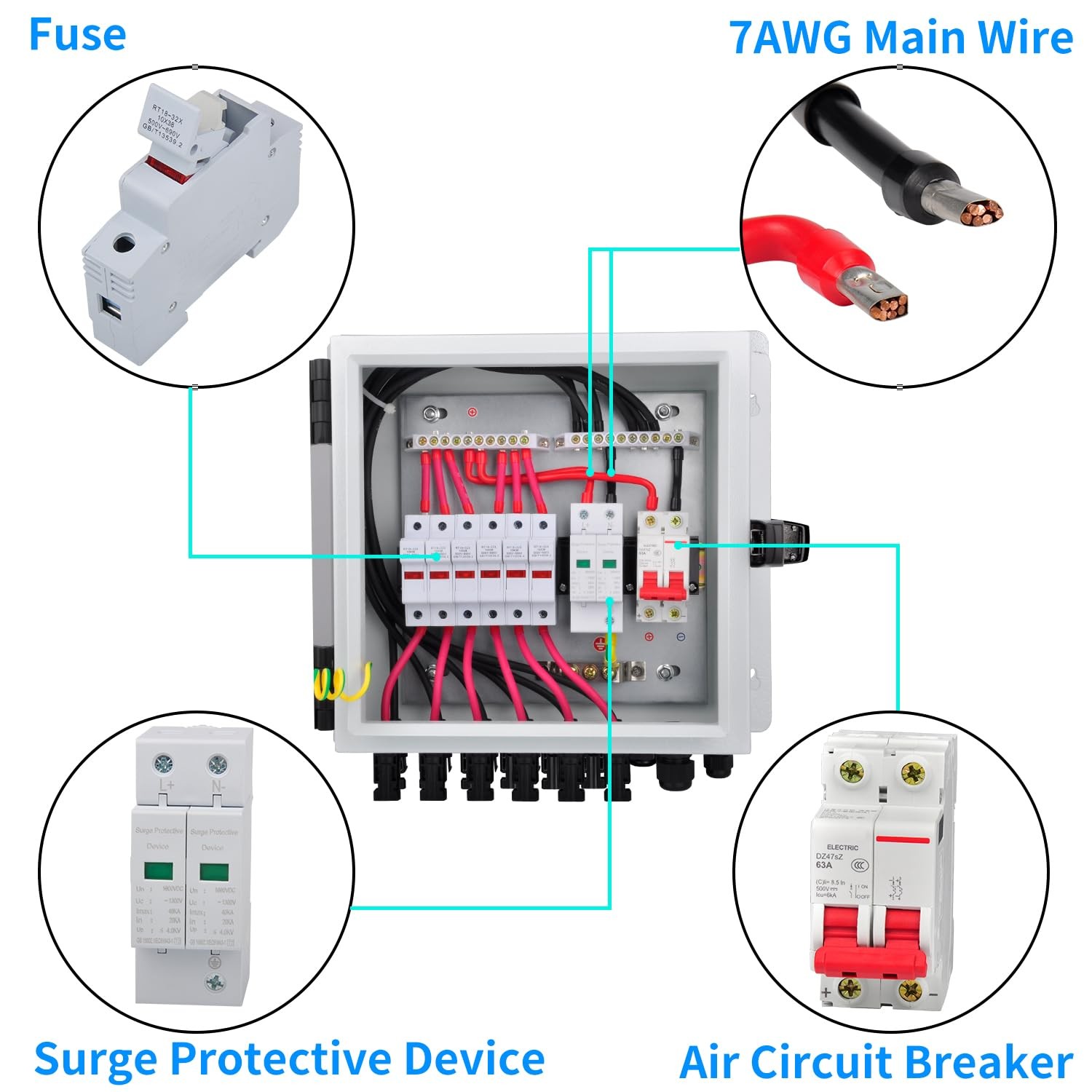 PV Combiner Box, 6 String Solar Combiner Box with 15A Rated Current Fuse, Sur…