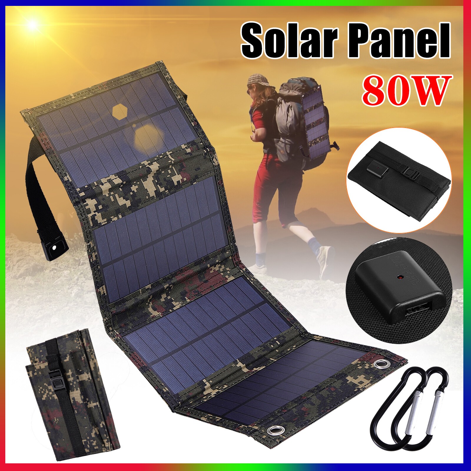 80W USB Solar Panel Folding Power Bank Outdoor Camping Hiking Phone Charger US