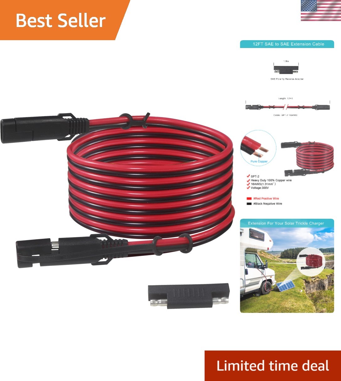 12FT SAE Heavy Duty Extension Cord with Waterproof Polarity Adapter