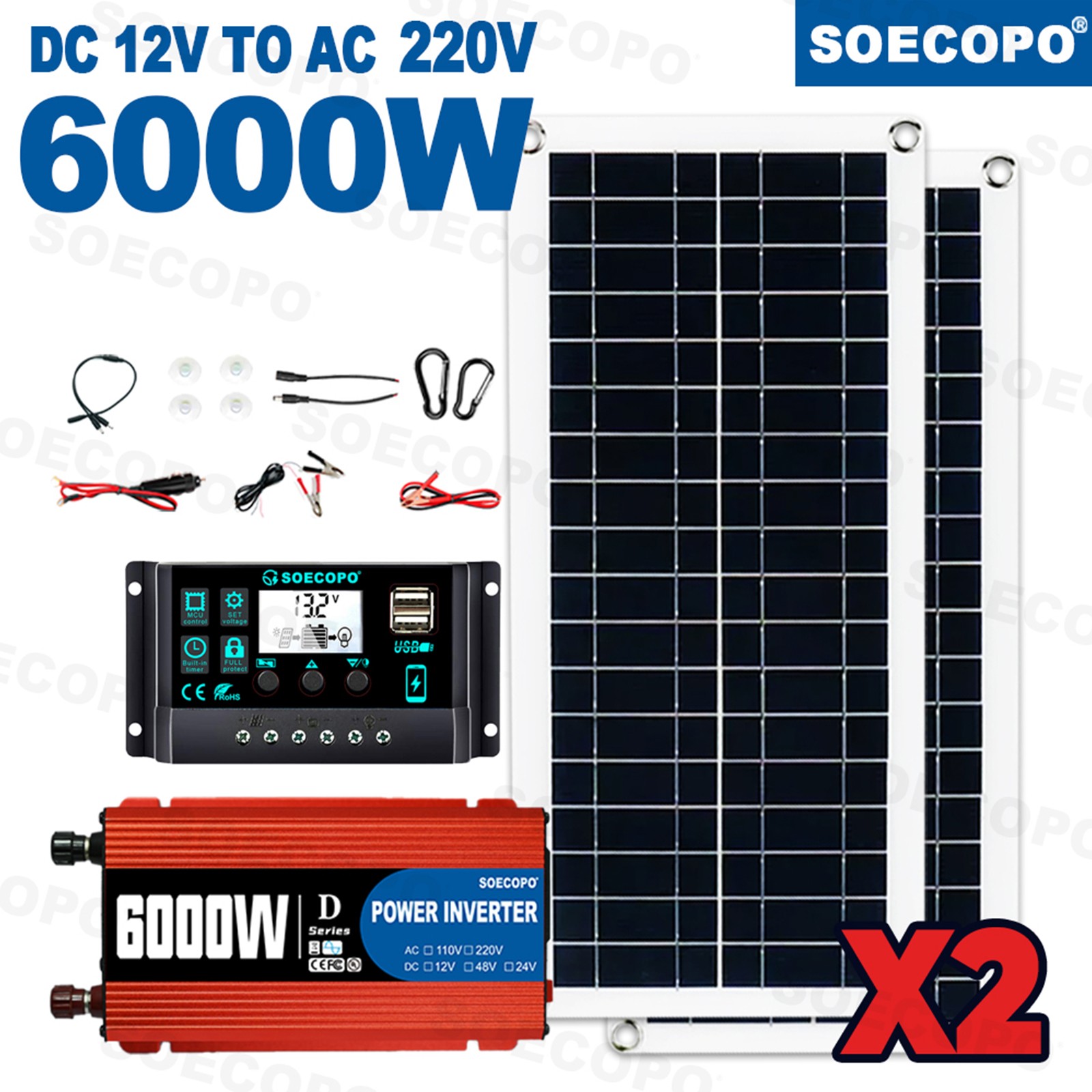 Ultimate 6000W Solar Power Bundle: Inverter DC 12V – AC 110V/220V+ 2pcs Solar