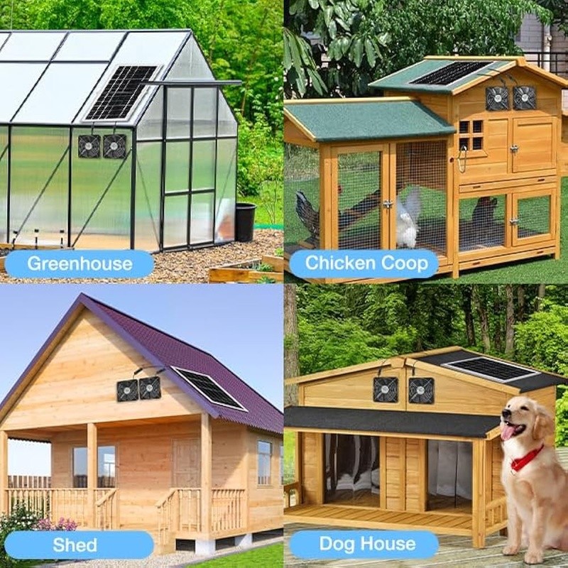 Solar Powered Waterproof Dual Fan Kit Chicken Coop Greenhouse Shed & Pet House