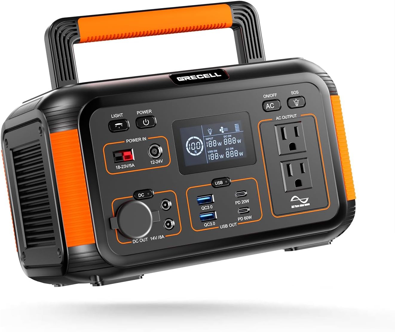 GRECELL 500W Portable Power Station 444Wh Pure Sine Wave Solar