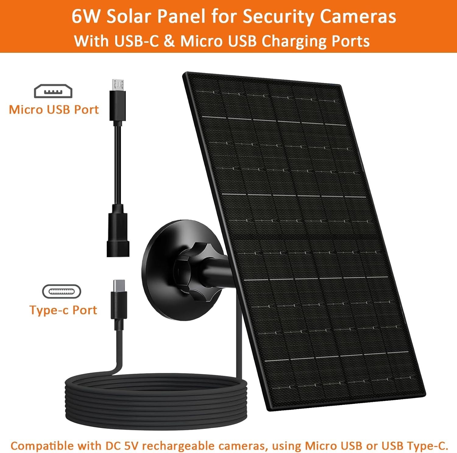6W Solar Panel for Security Camera Outdoor, 5V USB/USB-C Solar Charger Compat…