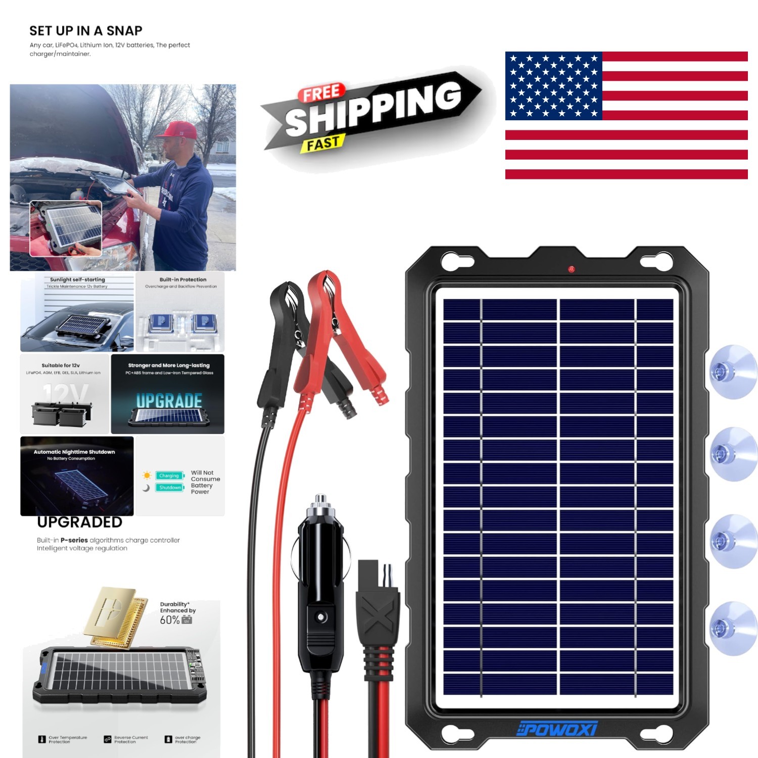 Easy Install Solar Battery Maintainer with Alligator Clips and Lighter Plug