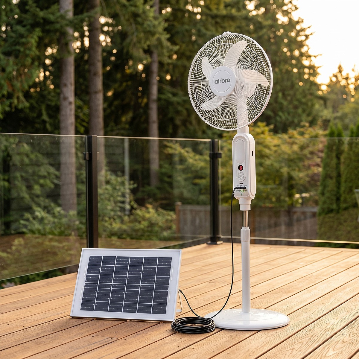 16″ Rechargeable Floor Standing Fan + 2PCS LED Bulbs w/ Remote AC & Solar Charge