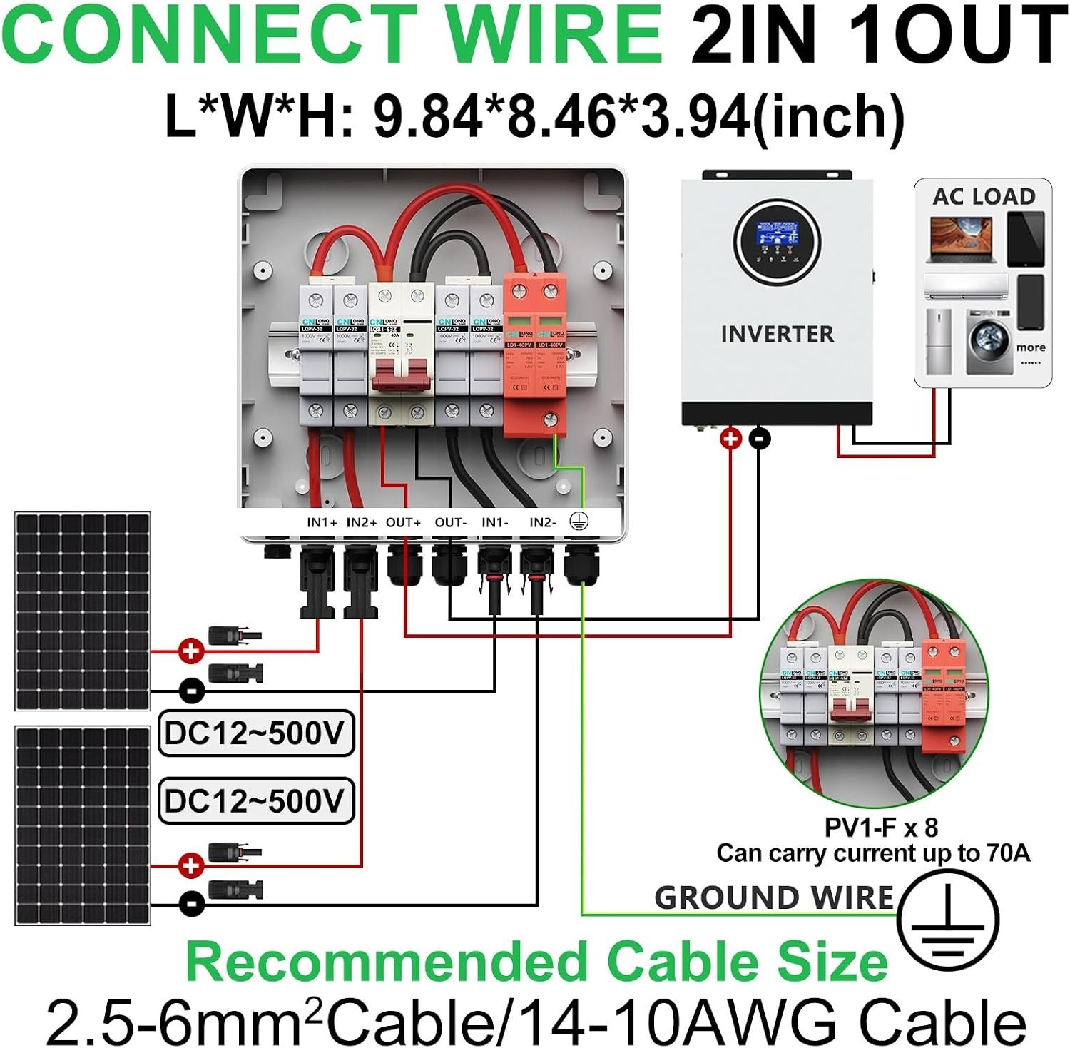 2 String Solar Combiner Box DC500V 40A with Circuit Breaker