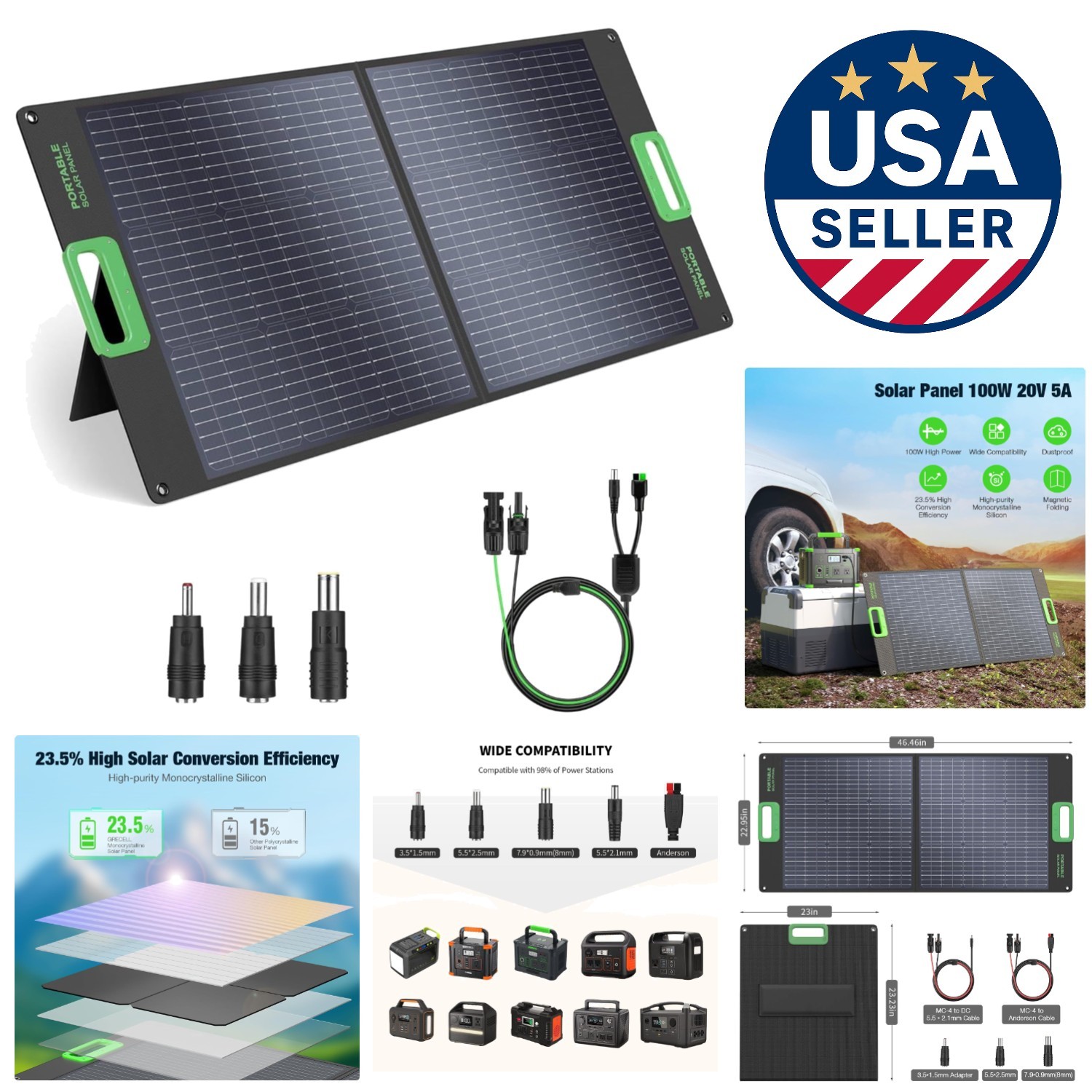 100W Portable Solar Charger – Monocrystalline Solar Cell for Emergency Power