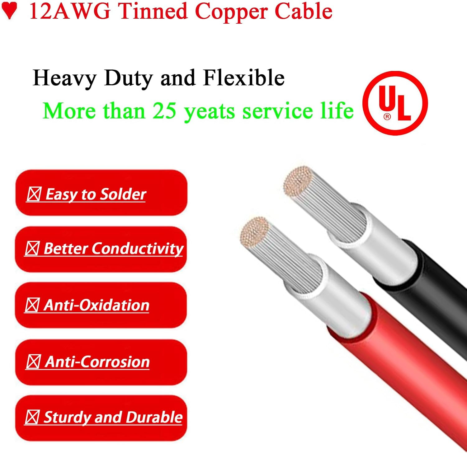 50FT Solar XT60 Adapter Cable 12AWG for Lifepo4 Batteries & Power Stations