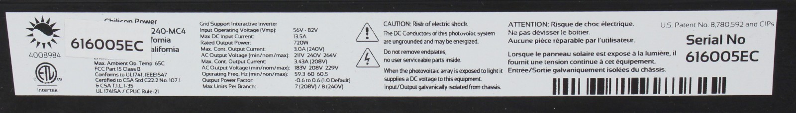 Open Box Chilicon Power CP-720-60-72-208/240-MC4 Solar Micro Inverter