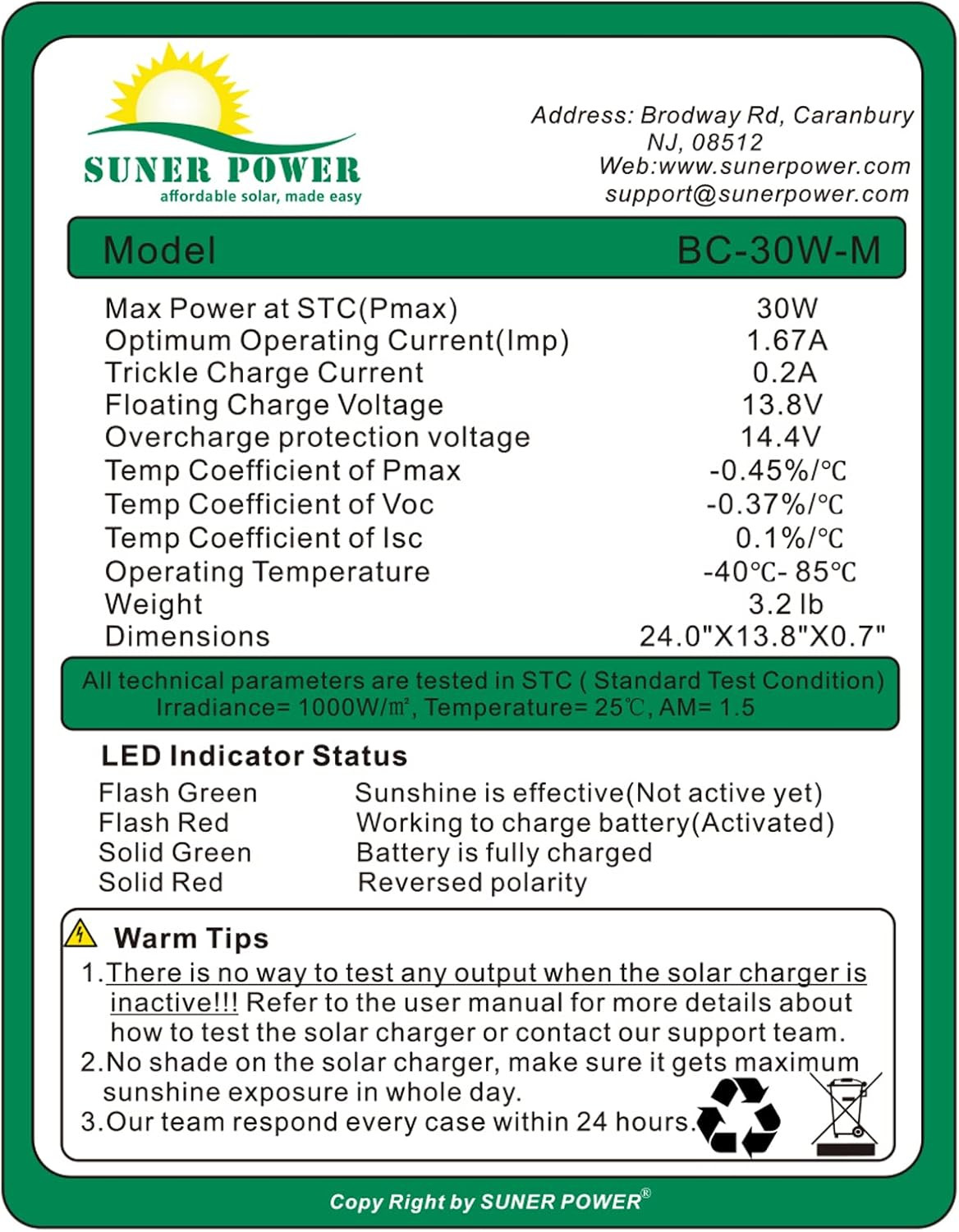 30W 12V Solar Battery Charger Maintainer, Built-In Smart MPPT Charge Controller,