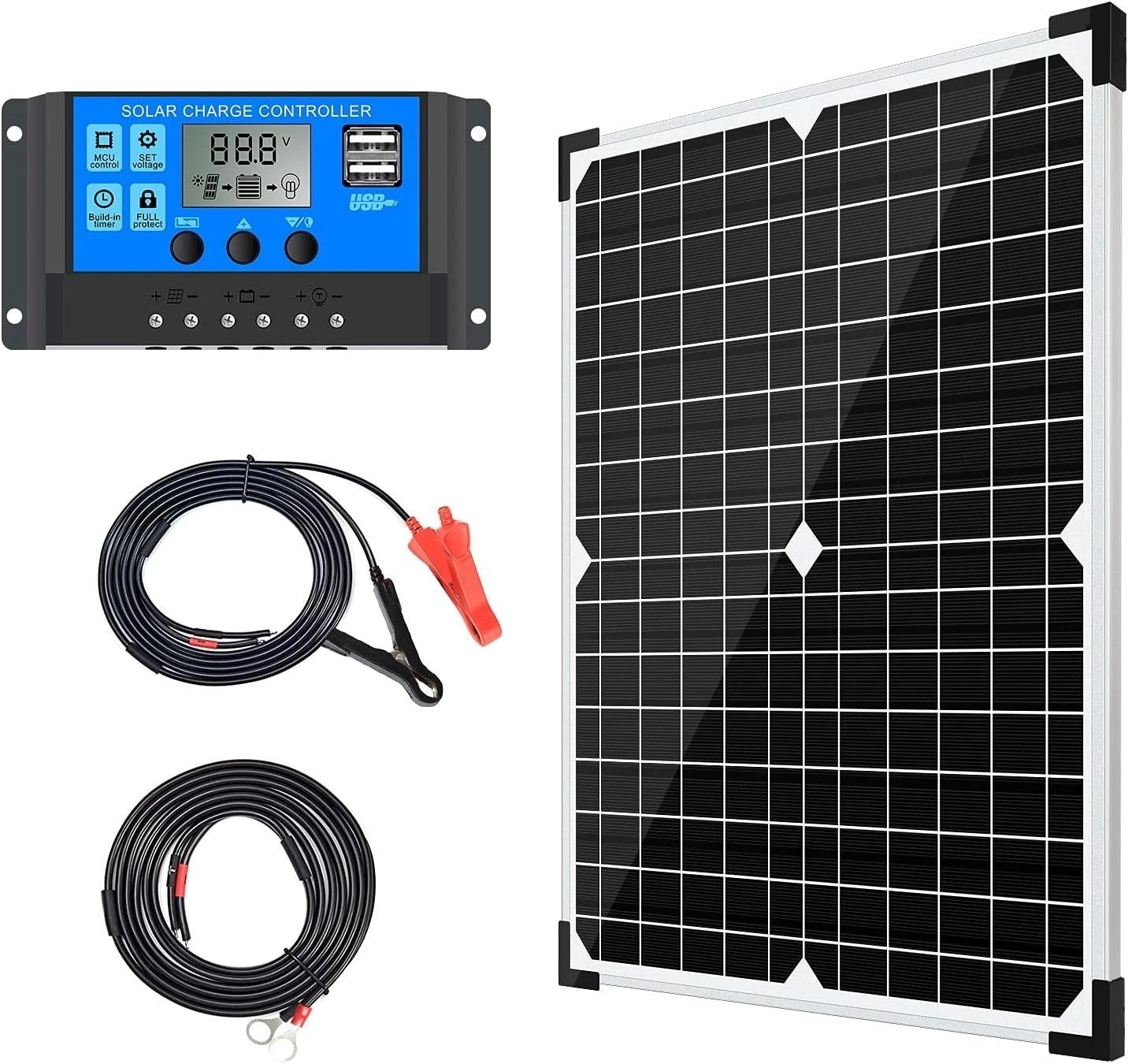 20W 12V Monocrystalline Solar Panel Kit with Charge Controller & Cables for R…