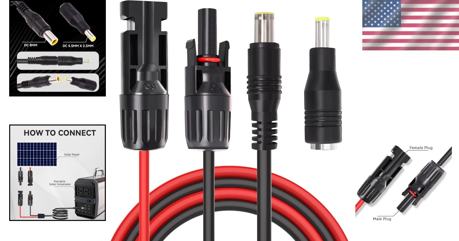 Durable 6.23ft DC 8mm to 5.5mm Solar Adapter Cable for Portable Power Stations