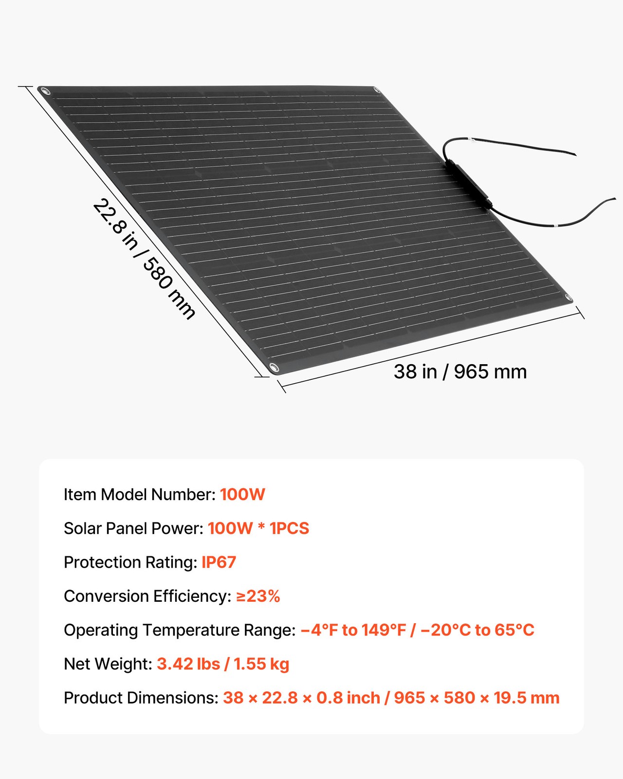 VEVOR Flexible Solar Panel 100W Bendable Monocrystalline Solar Off-Grid Charger