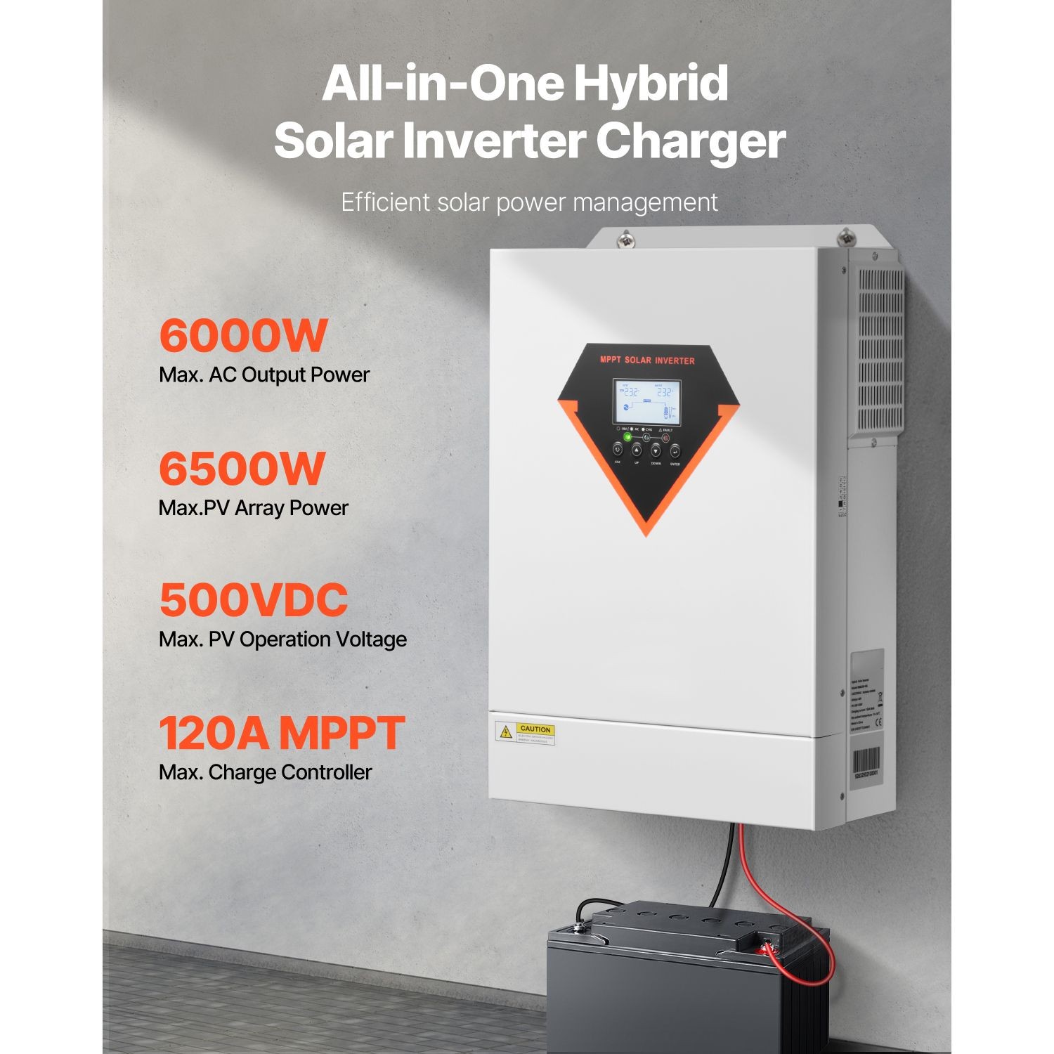 6000W Hybrid Solar Inverter, 48V to 220V AC, Pure Sine Wave with MPPT