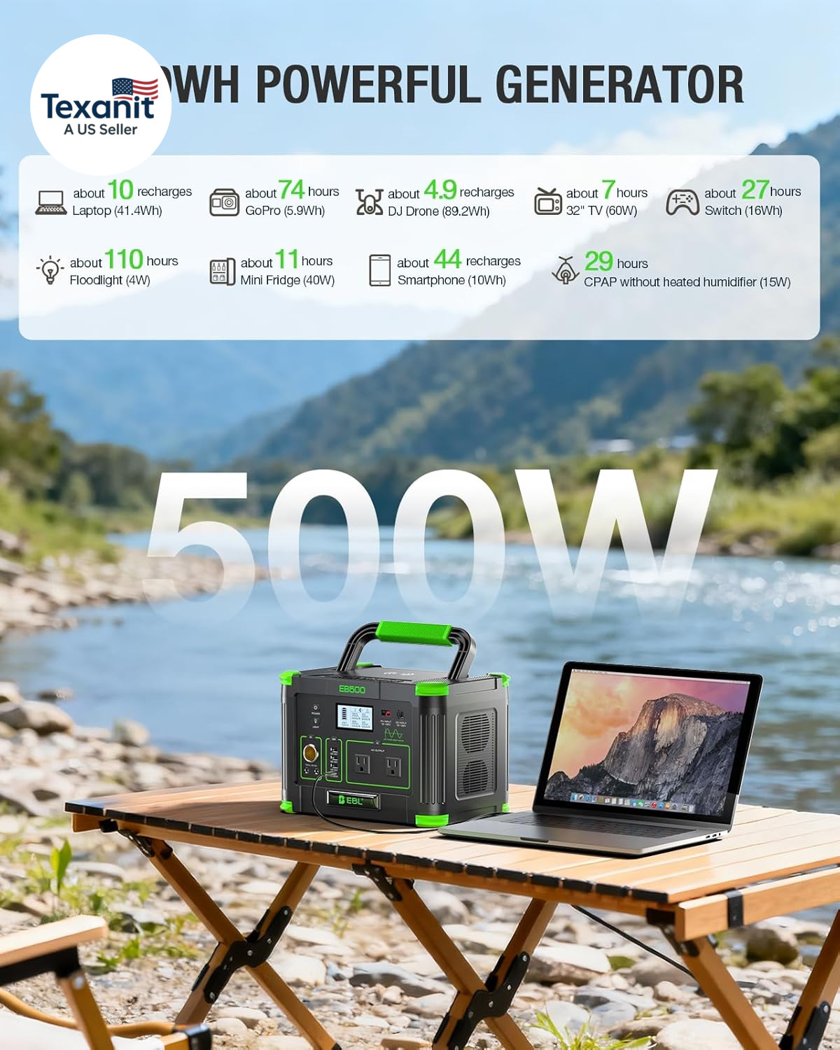 500W Portable Power Station with 100W Portable Solar Panel 20V, Outdoor Solar Ge