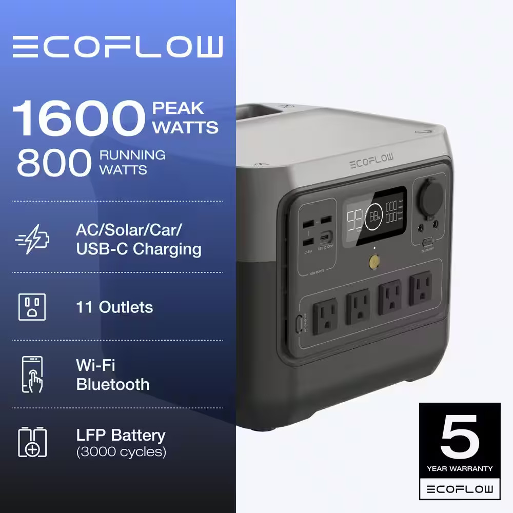 800W Output/1600W Peak Push-Button Start Battery Generator RIVER 2 Pro, LFP Batt