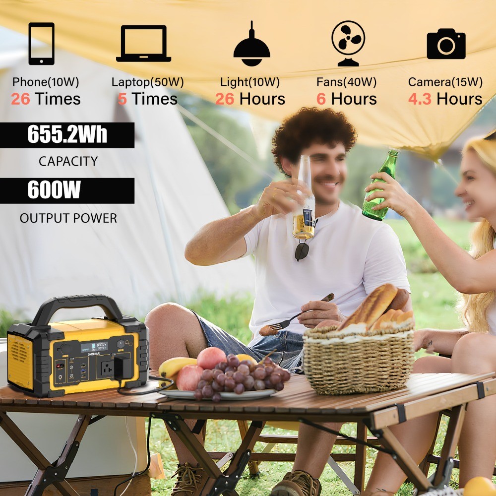 647Wh 600W Portable Power Station, AC/DC, LED Light, Backup Battery, 1200W Peak