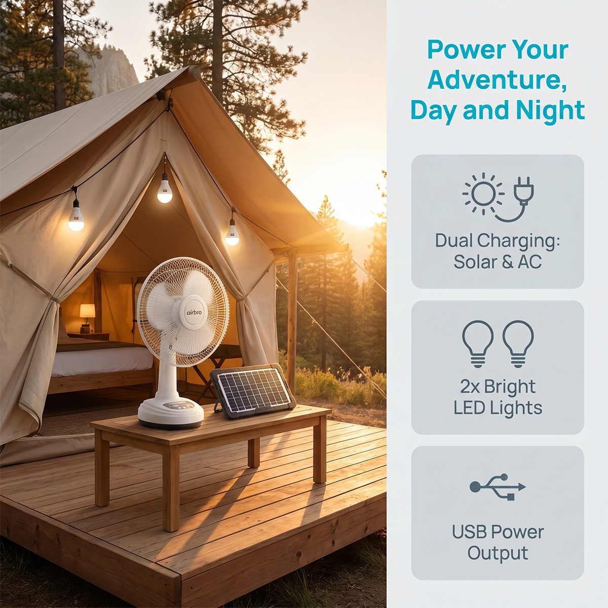 Portable Personal Desk Fan 2 Speed 12in Solar Rechargeable Fan w/ 2 Light Bulbs