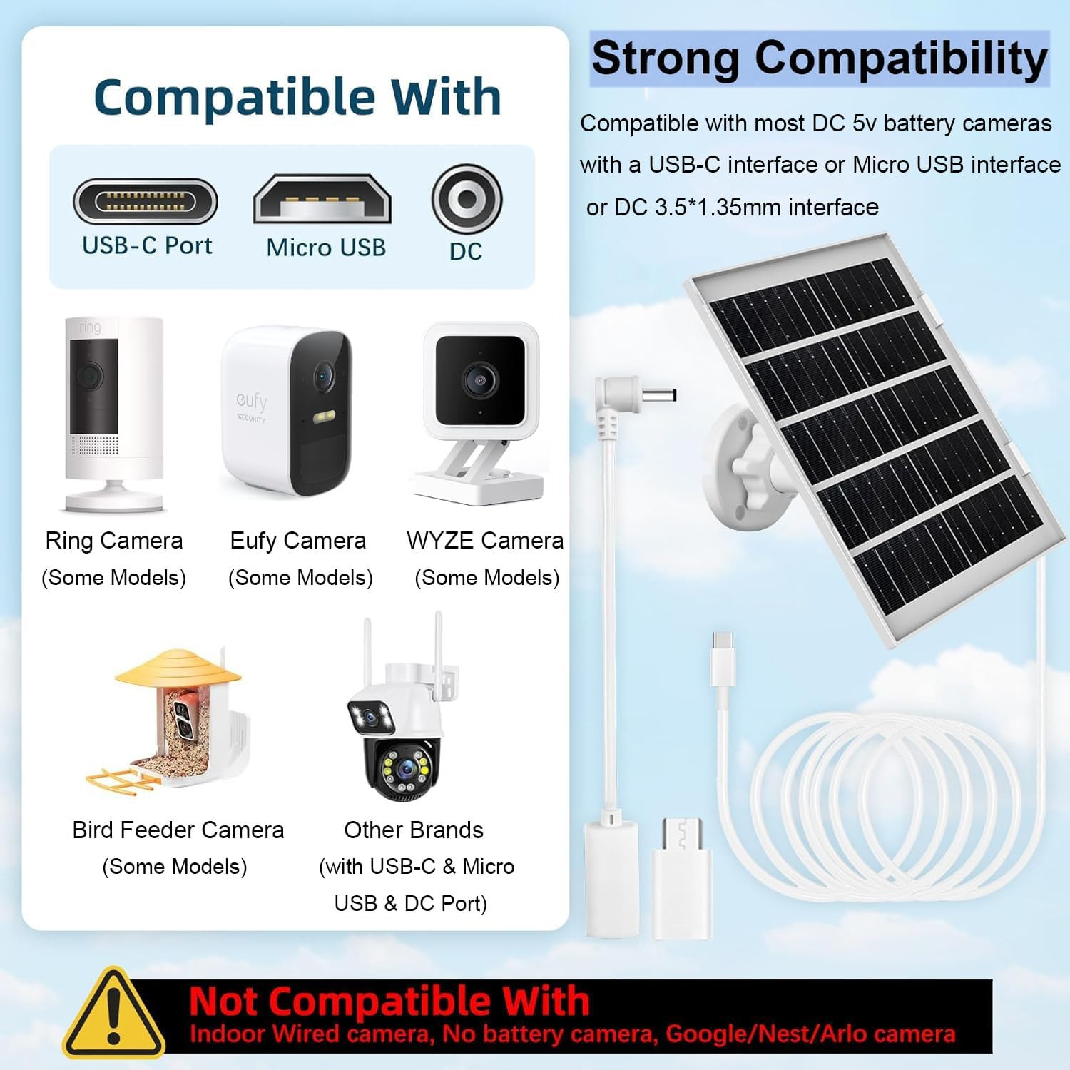 8W Solar Panel Charger for Outdoor Security Cameras, with Micro USB/USB-C and DC