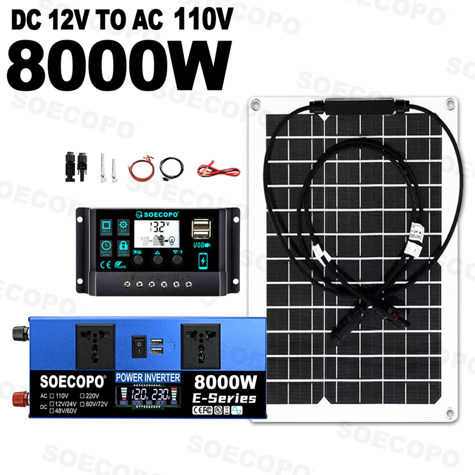 8000W Peak Solar Kit Flexible Panel 100A Controller 12V 24V to 110V/220V