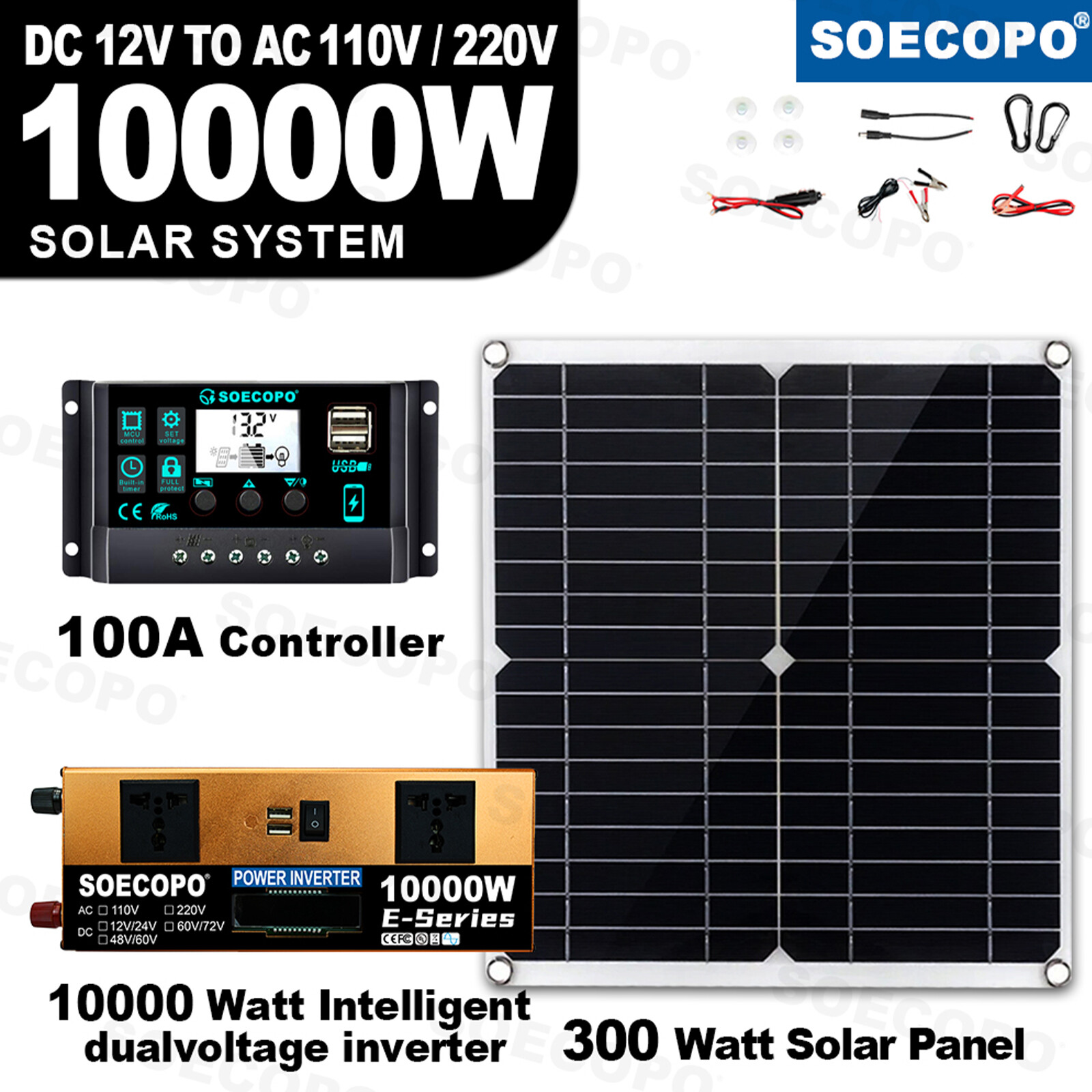 10000W Power Inverter Solar Generator With 300W Solar Panel Home Complete Set