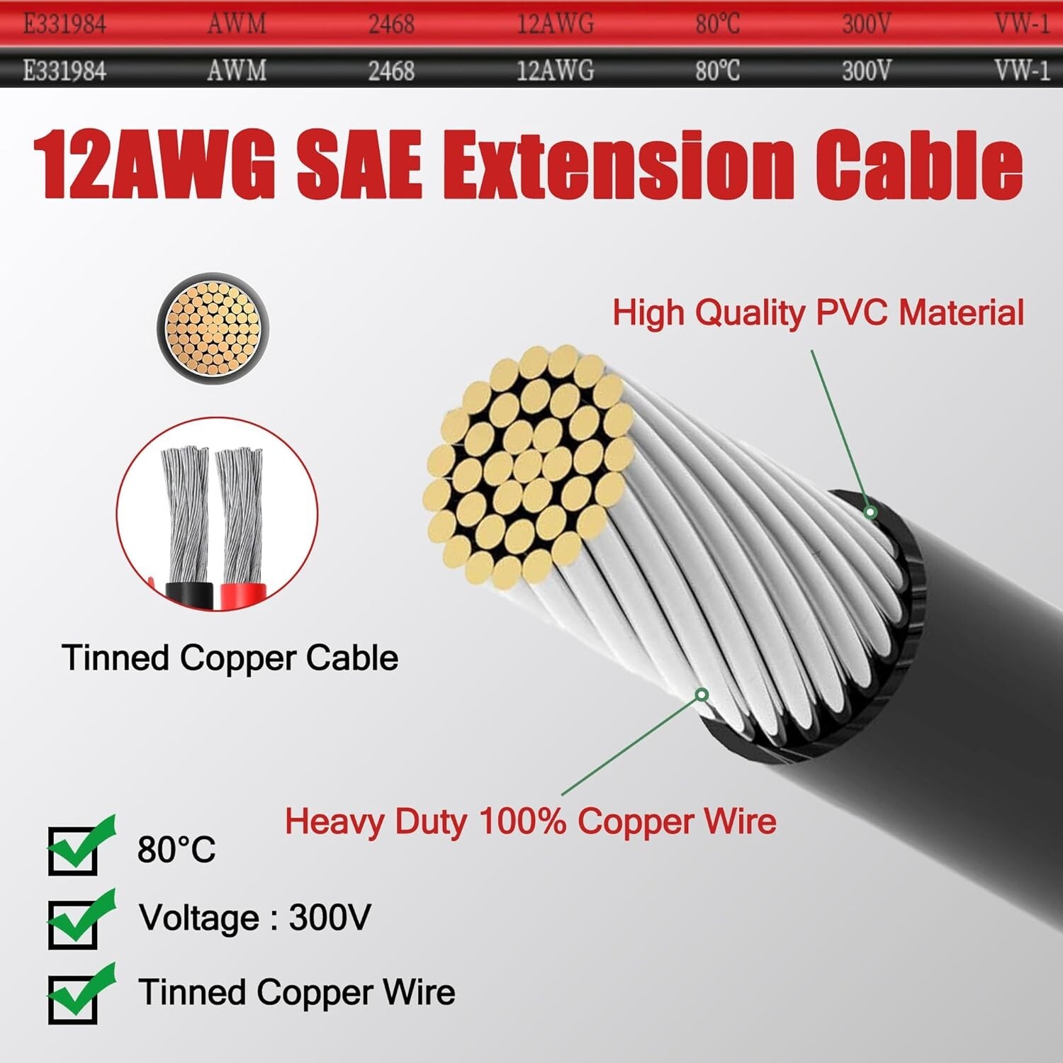 50 FT SAE to SAE Extension Cable 12AWG,12 Gauge SAE Adapter Cable,SAE Ports W…