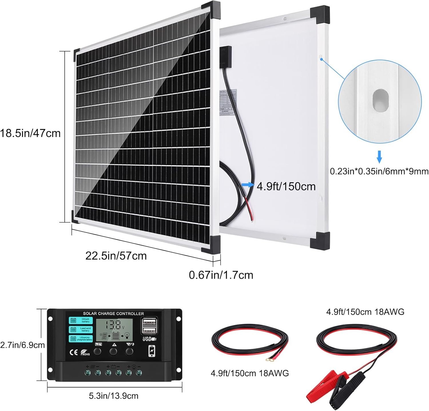 50W Solar Panel Kit with 12V/24V 10A PWM Charge Controller High Efficiency Mo…