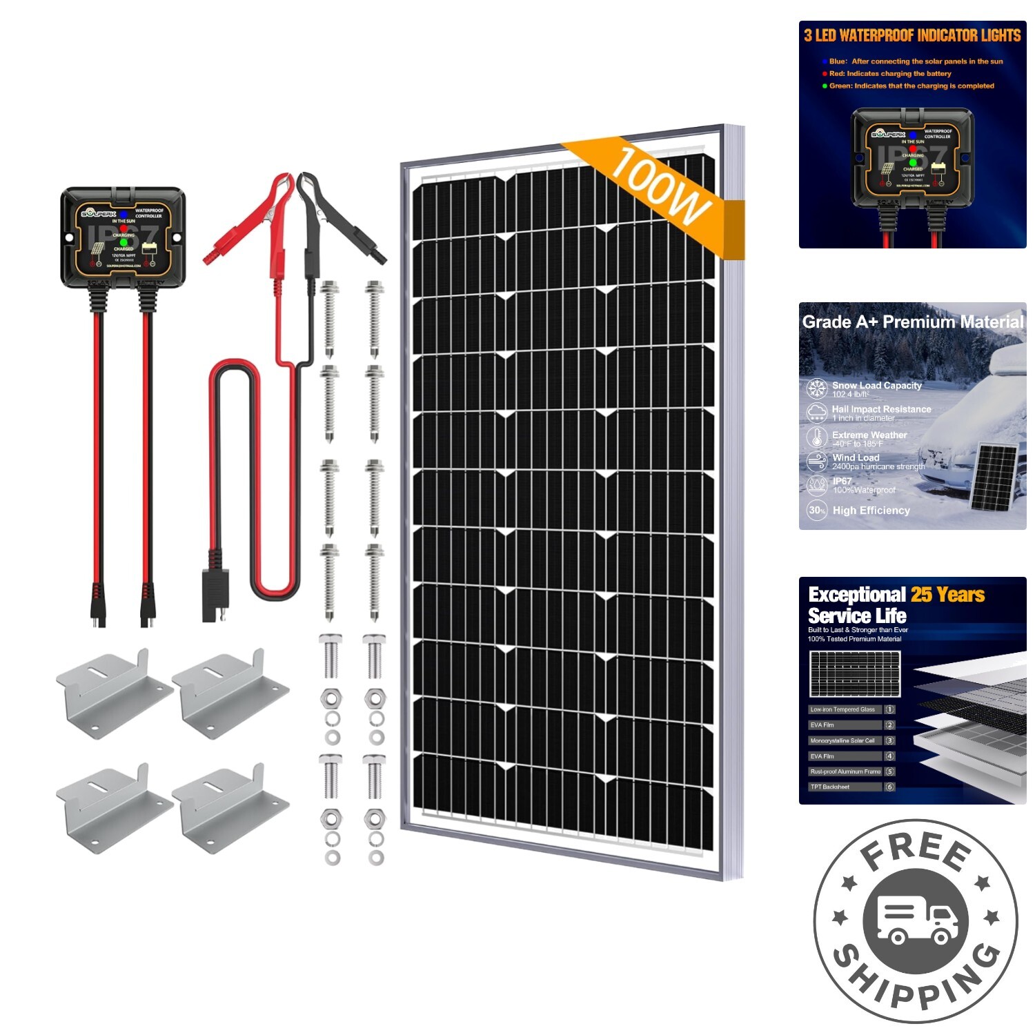 High-Efficiency 100W Monocrystalline Solar Panel with 10A MPPT Charge Controller