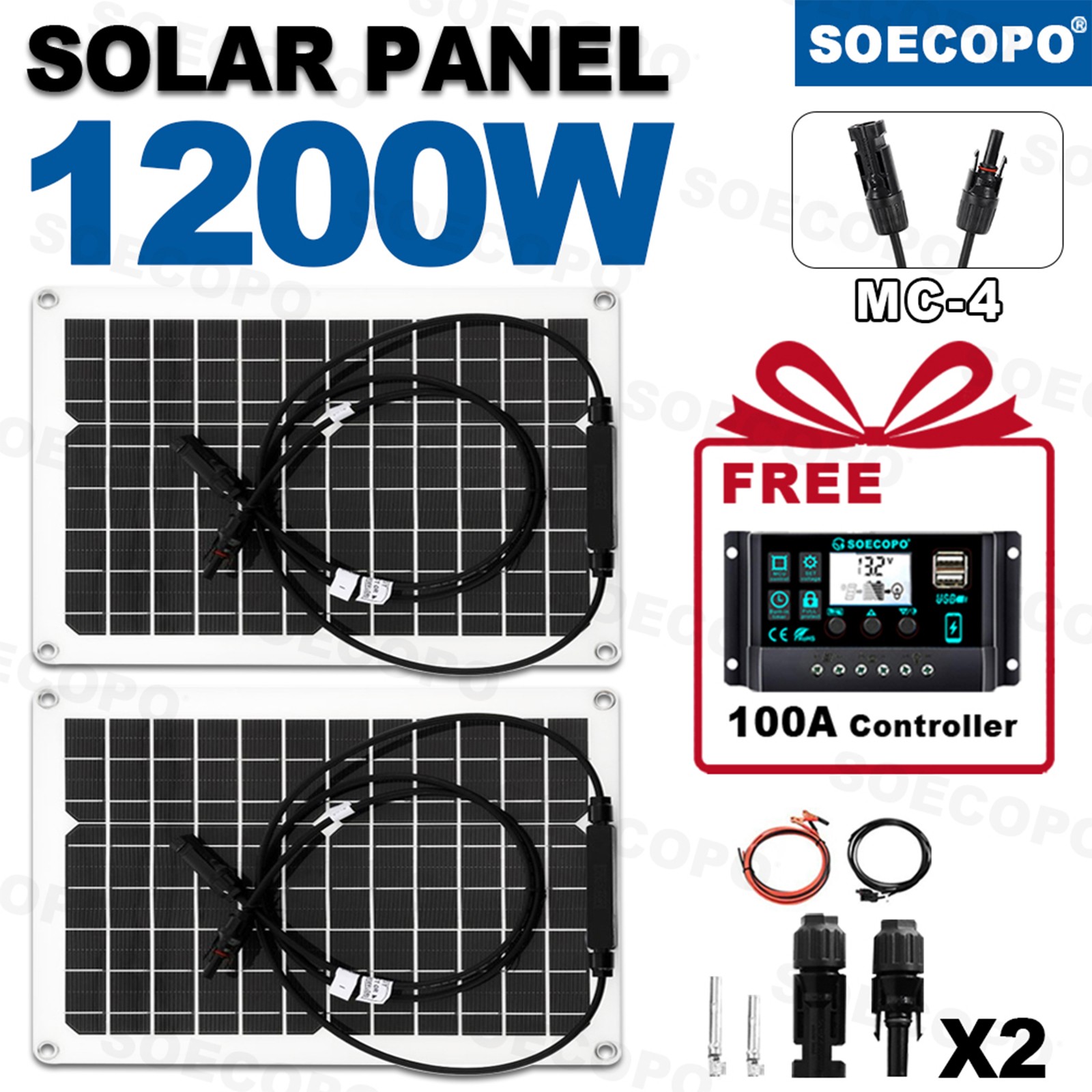 1200W 2-Panel Solar Kit – 100A Controller + Y-Cable Balcony/RVhM