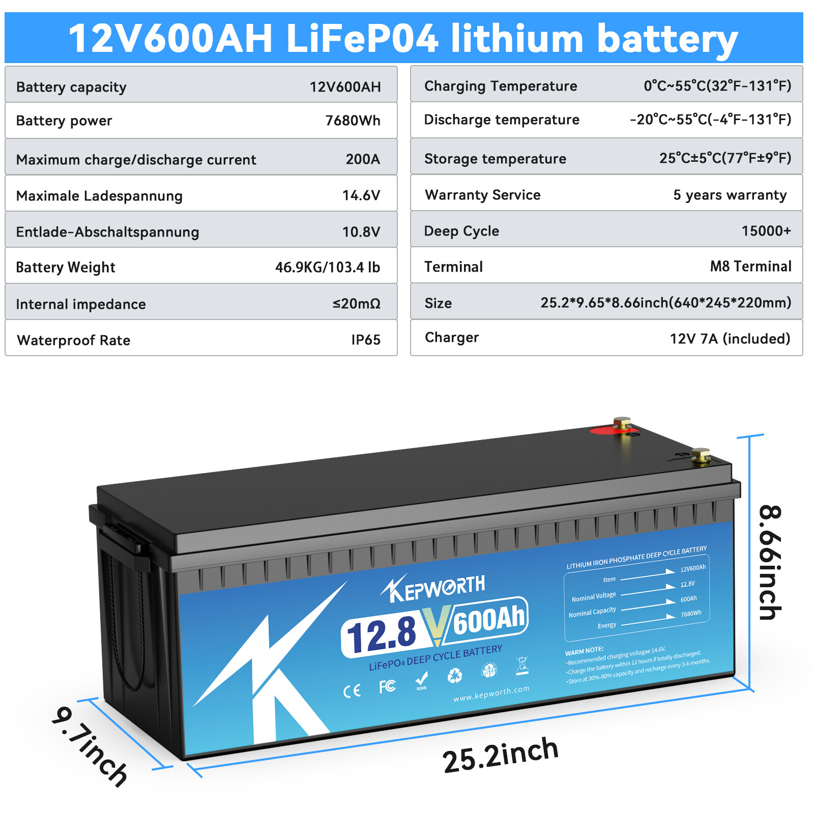 12V 600AH LiFePO4 Lithium Battery 200A BMS 15000+cycles RV Solar Panel Off-grid