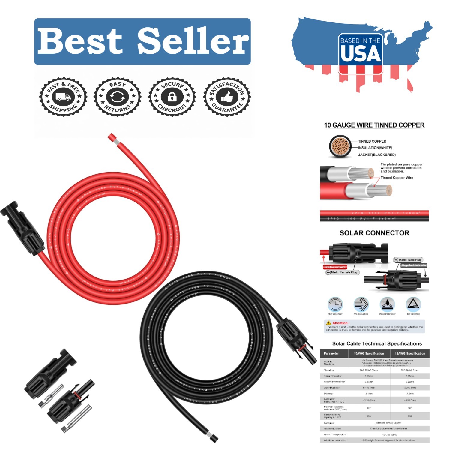 10FT Solar Panel Extension Cable – 10AWG Copper, UV Resistant & Weatherproof