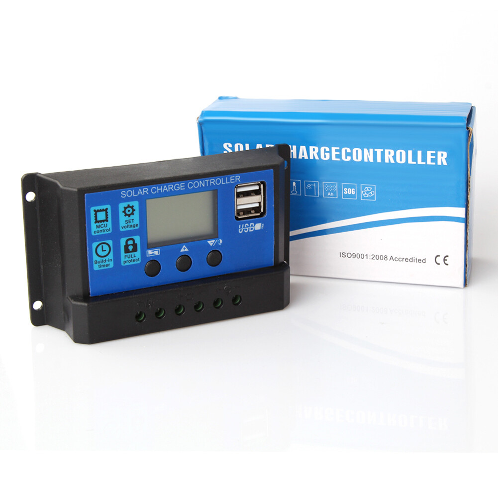 2 Packs Solar Panel Battery Charge Controller 30A 12V/24V LCD Dual USB Regulator