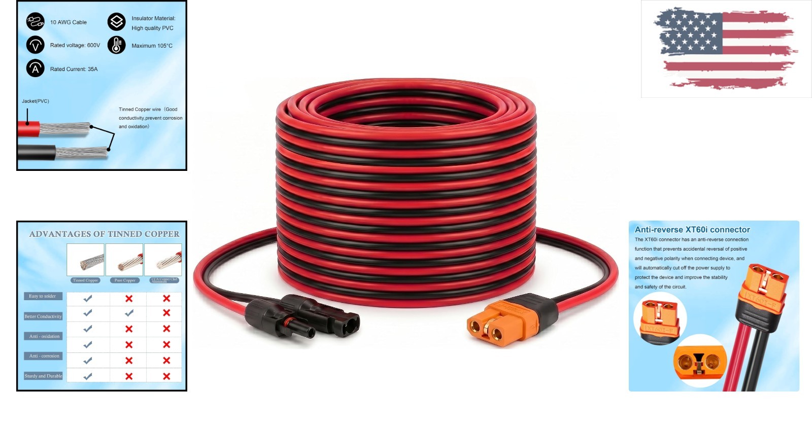 Solar Energy 10AWG to XT60i Male-Male Cable 25FT – Moisture Resistant & Reliable