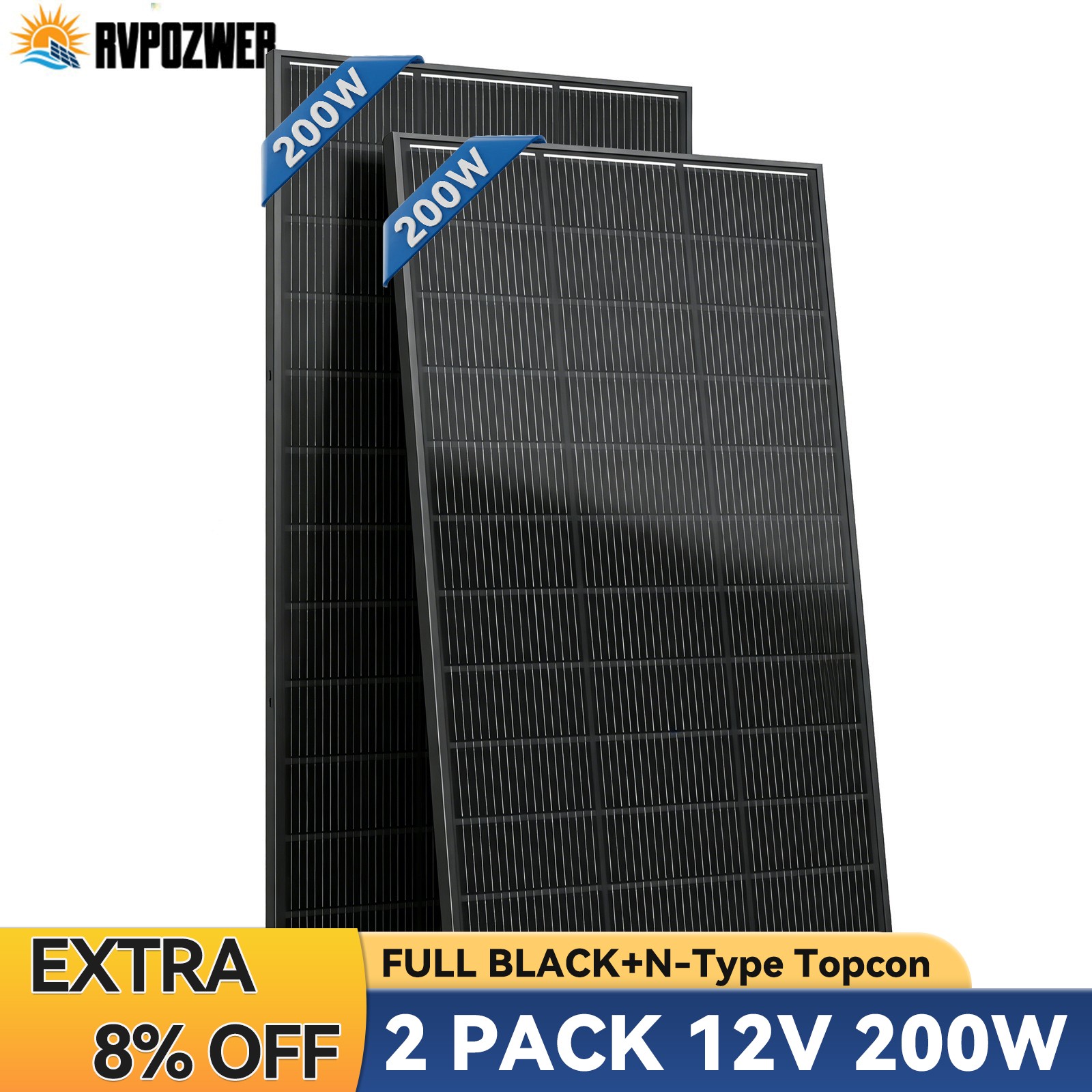 12V 400W (200W*2) Solar Panel Black N-Type 18BB 25% High Conversion RV Home Boat