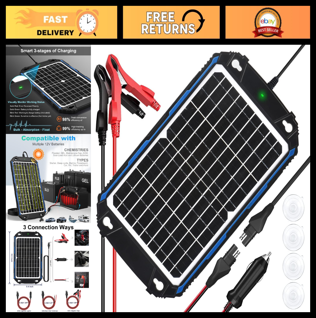 12W Waterproof Solar Battery Charger & Maintainer, MPPT Controller, 12V Trickle