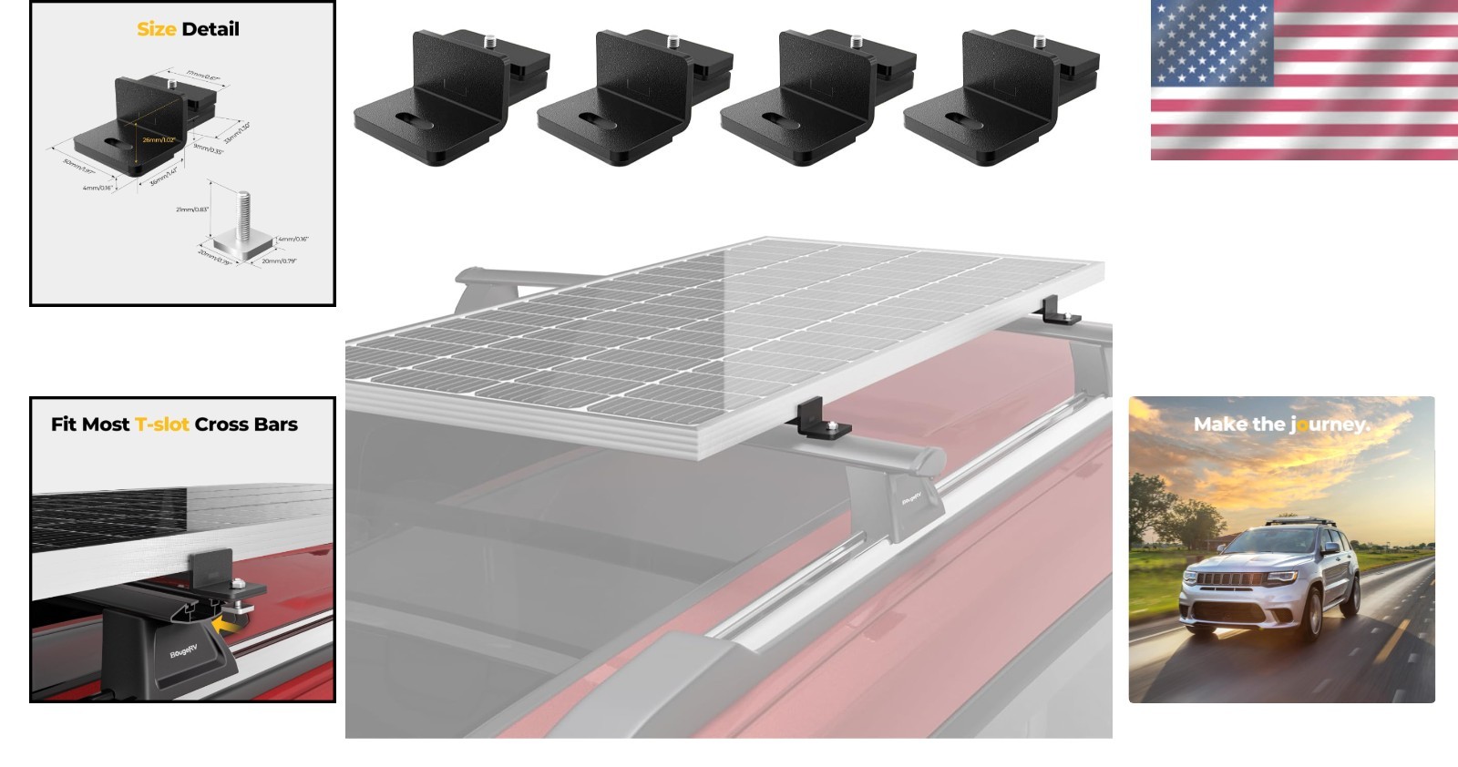 Solar Panel Mounting Kit for 100-200W Panels on T-Track Roof Racks
