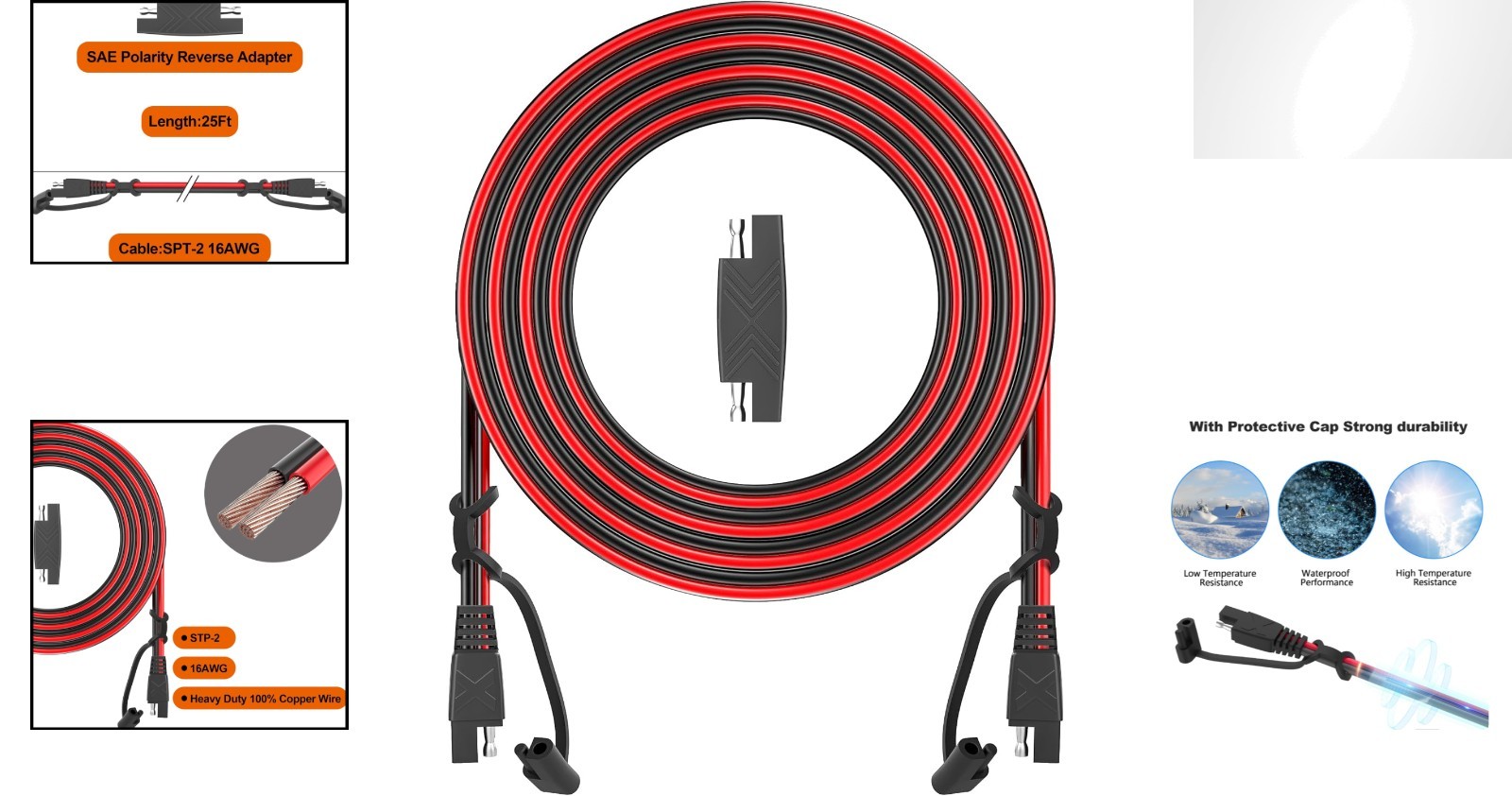 Listed 12 Feet SAE to SAE Extension Cable, Quick Connect & Water-Resistant