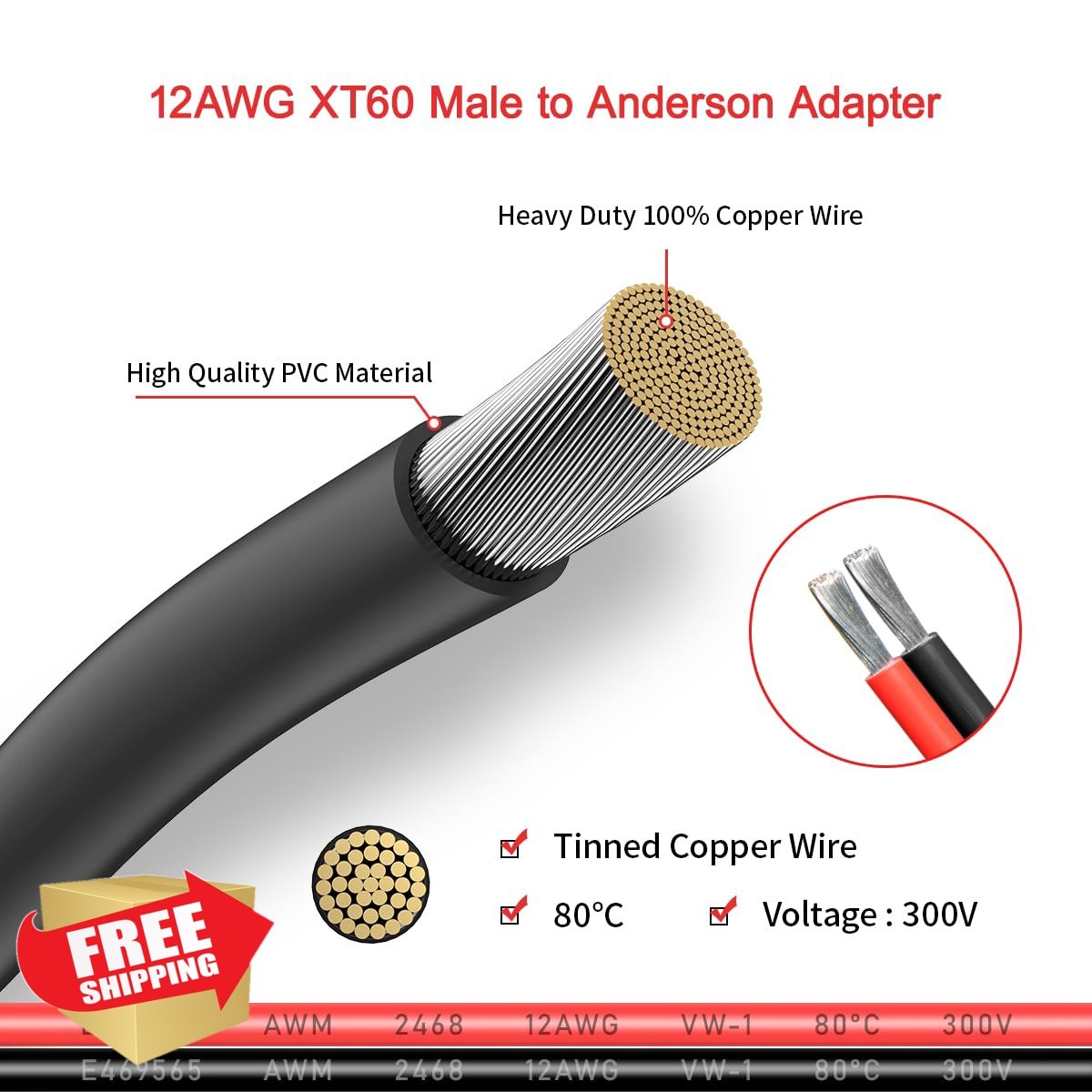 ELFCULB XT60 to Anderson 20FT 12AWG Adapter