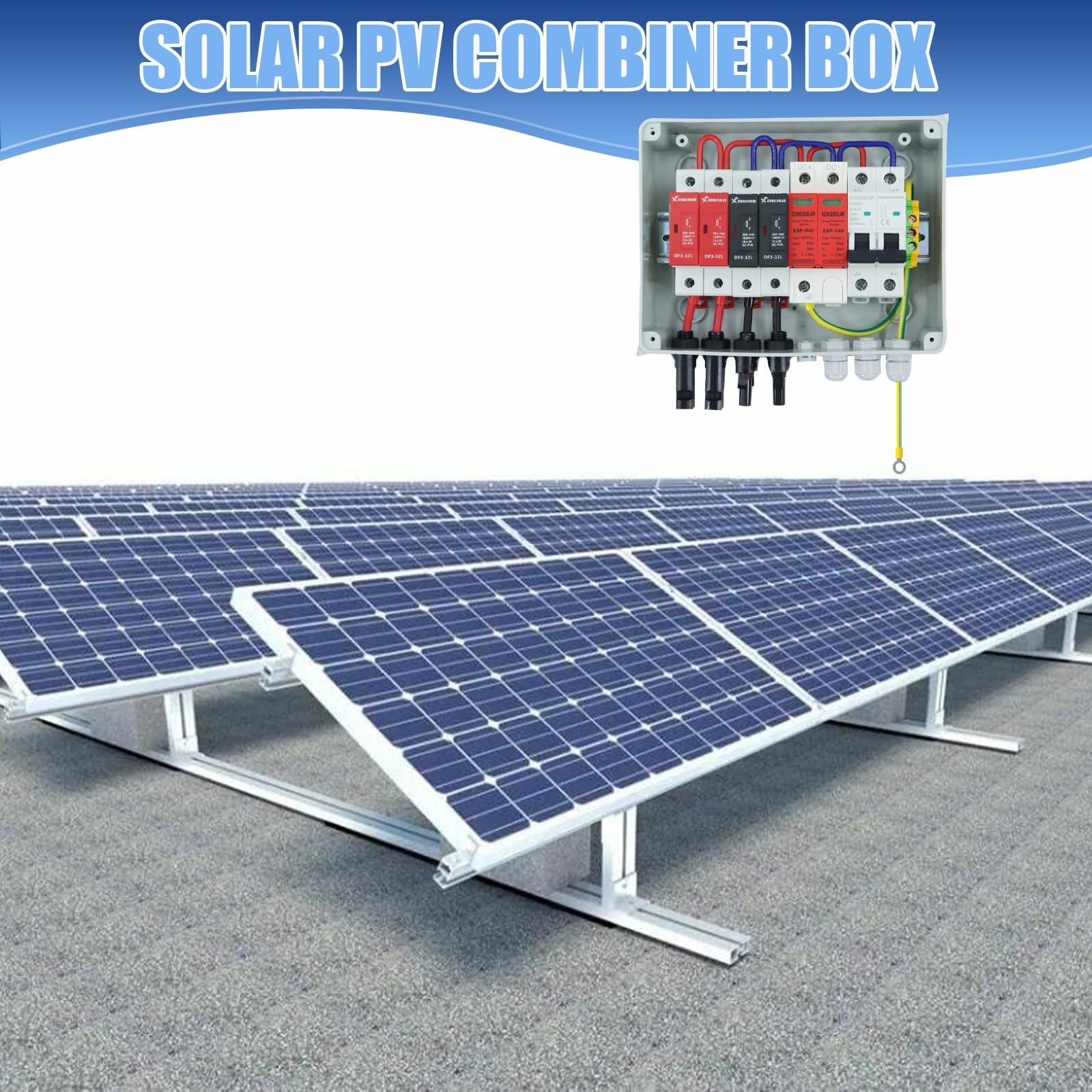 600V Solar Combiner Box, 2 Inputs 1 Output, 15A Fuse, 63A Circuit Breaker, SPD,