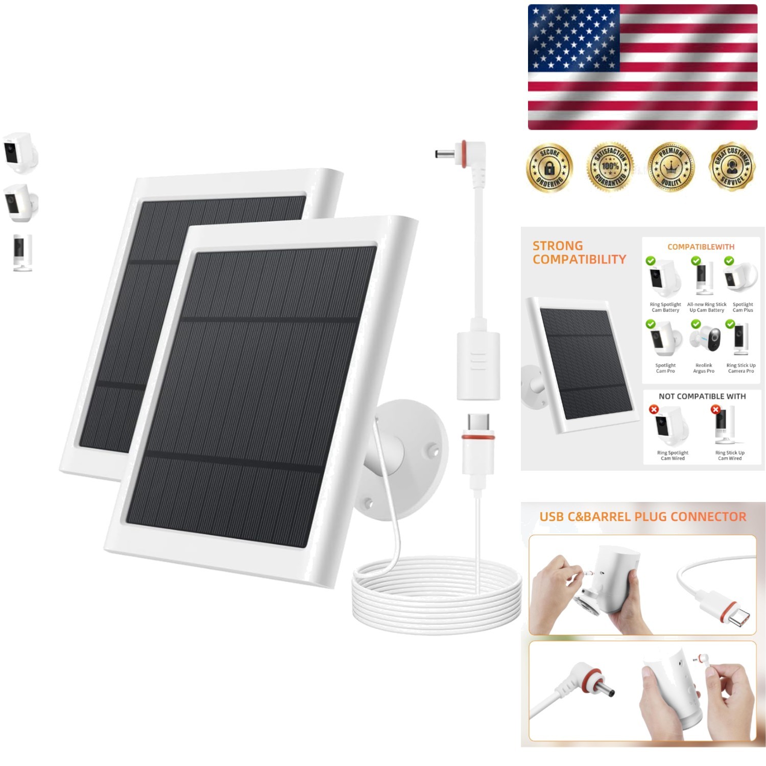 2 Pack Solar Panels for Ring Cameras – Waterproof & 360-Degree Rotatable Mount
