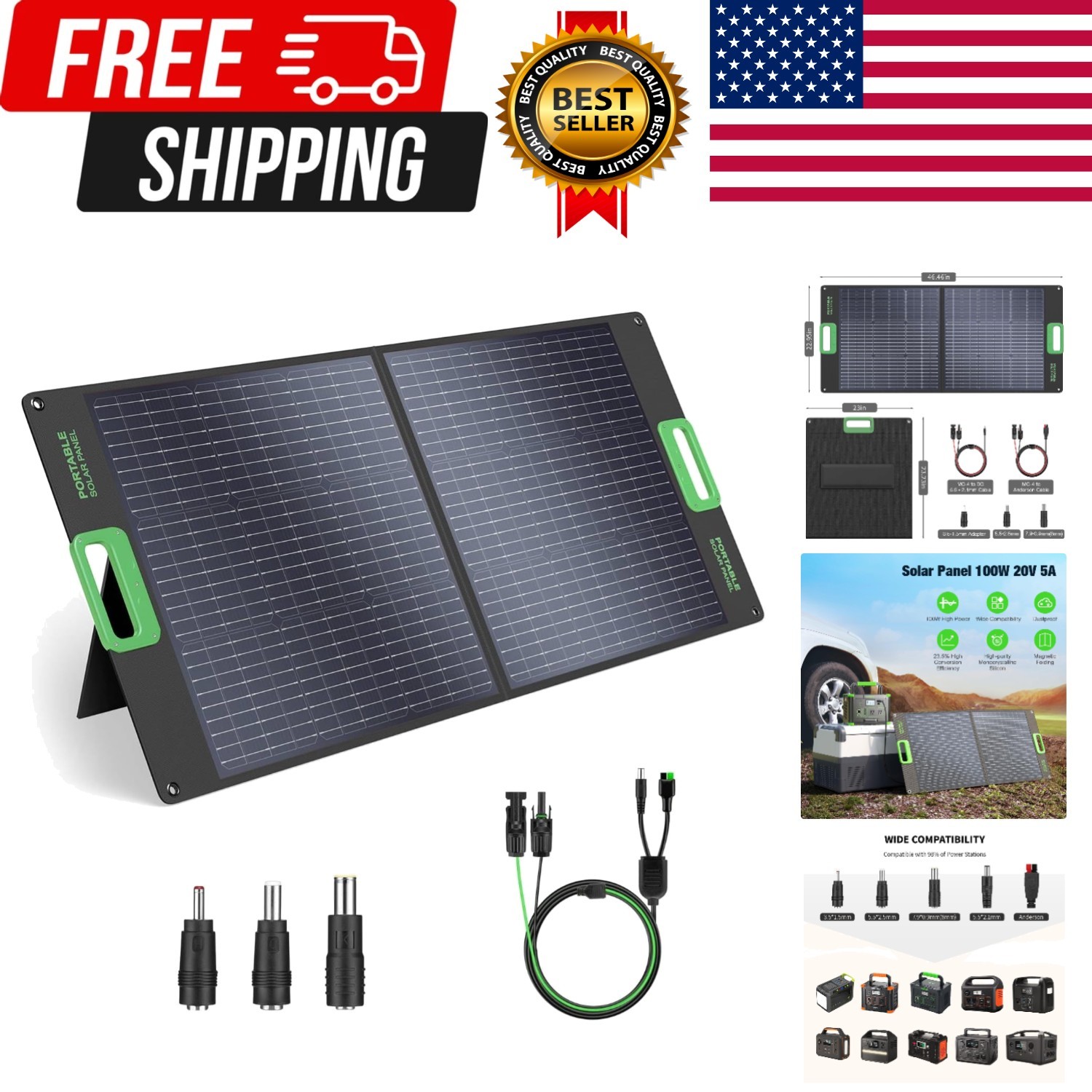 100W Portable Solar Panel for Power Station Generator, 20V Foldable Solar Cel…