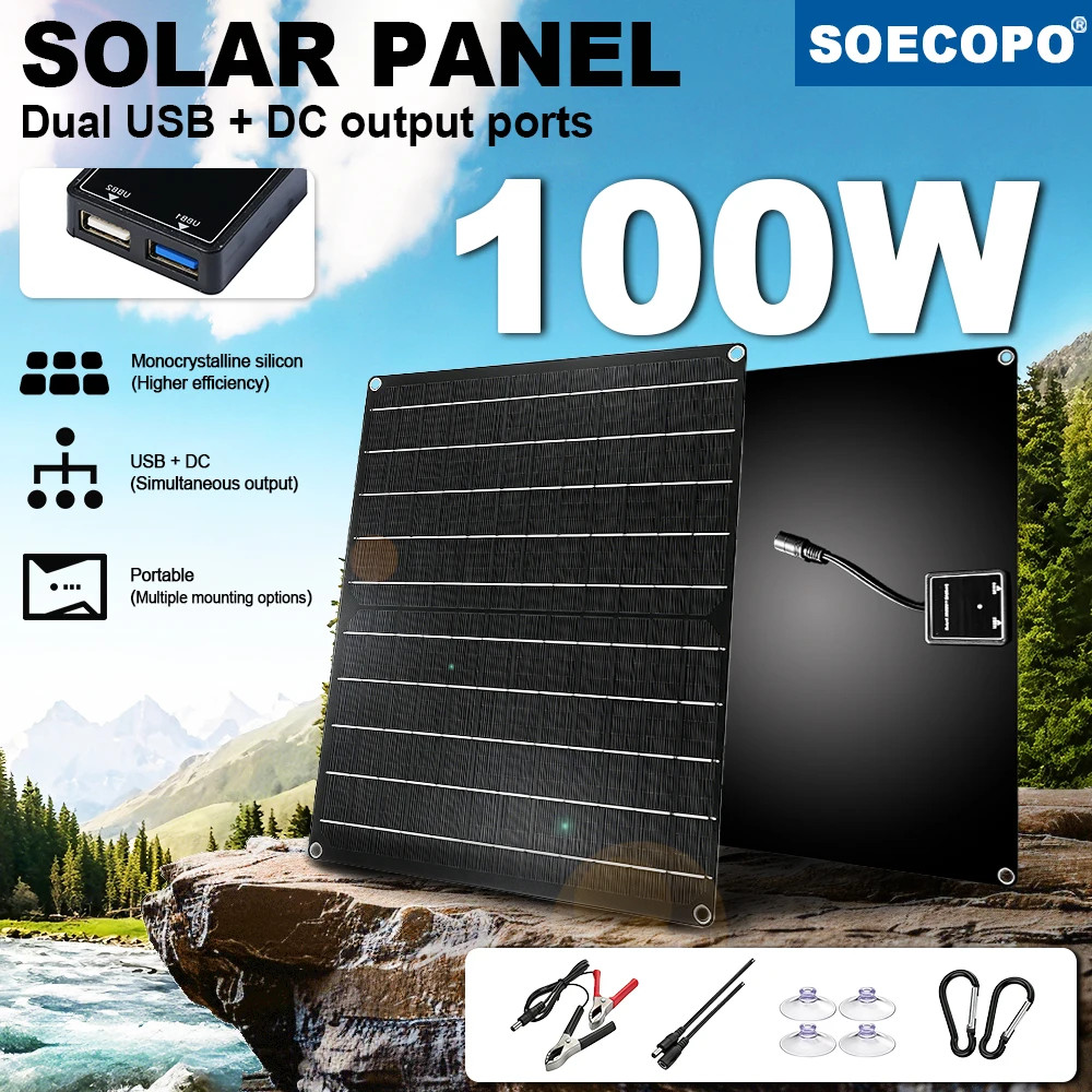 100W Portable Flexible Solar Panel Monocrystalline Waterproof, Dual USB & DC Out