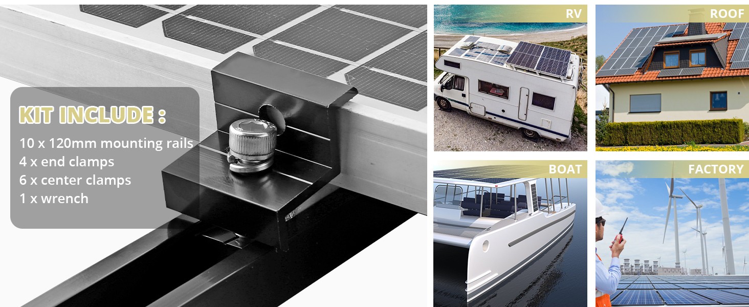 Solar Panel Mounting Brackets, Included 10PK 4.72 in Rails + 4 End Clamps + 6 Ce