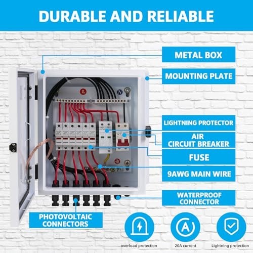 6 String Solar Combiner Box with 20A Fuse, Surge Protection & 63A Breaker