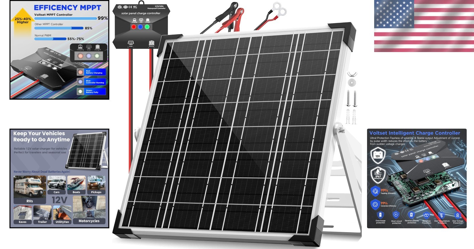 Compact 20W Solar Trickle Charger with Smart MPPT – Perfect for RV and Marine