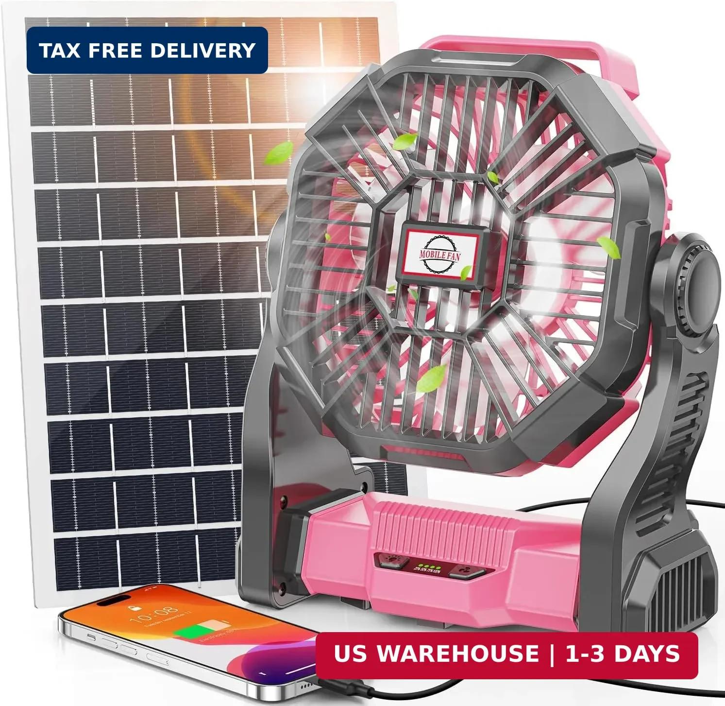 30000mAh Solar Fan with LED Lantern, 10W Solar Panel Rechargeable Battery Powere