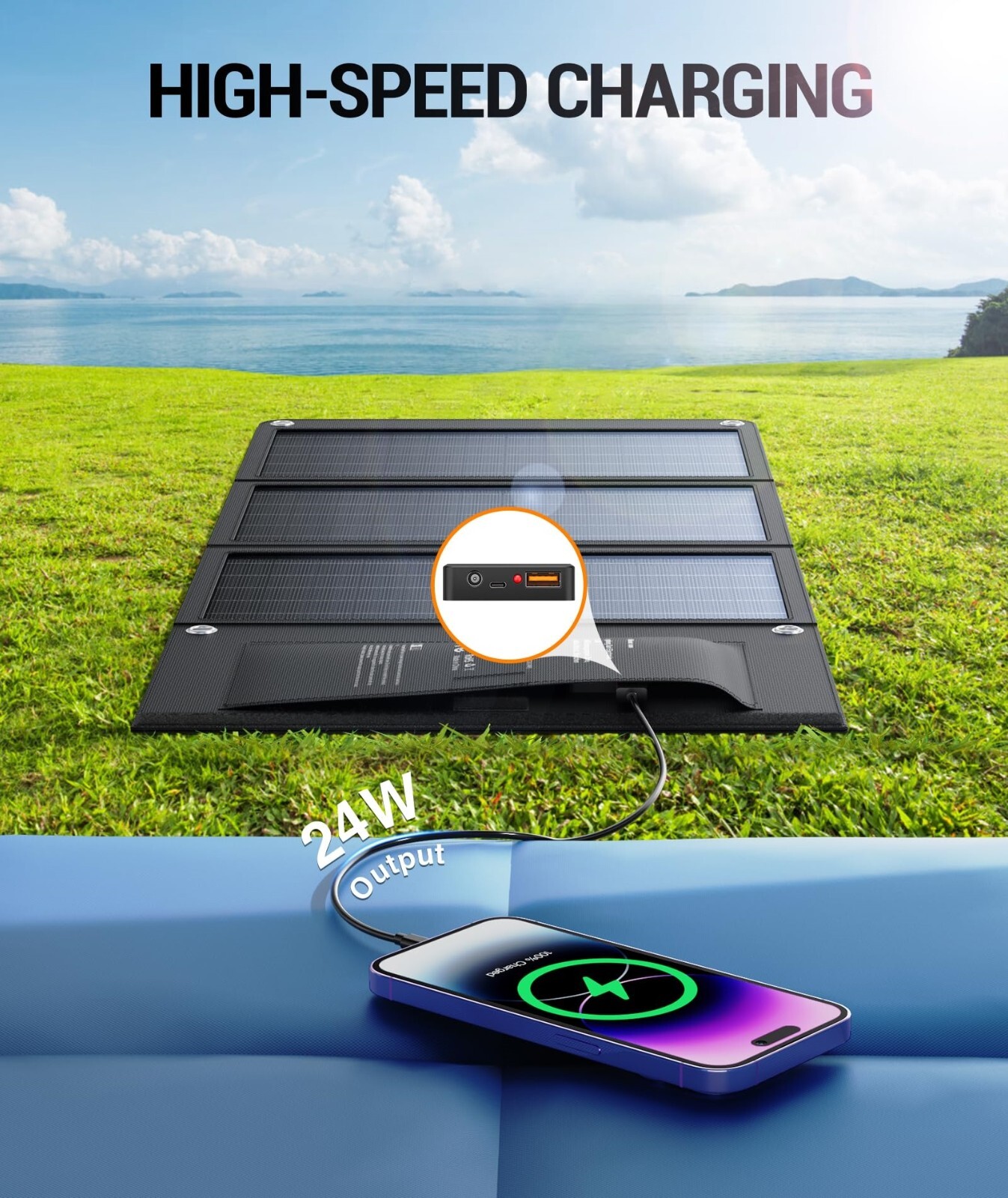 30W Solar Charger USB-A QC3.0 24W USB-C DC 30W Outputs, Foldable Solar Panel